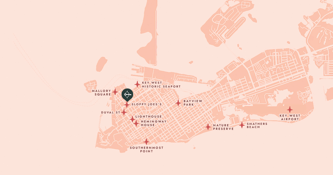Illustrated insider’s map of Key West, with the Grand Maloney Hotel and island landmarks